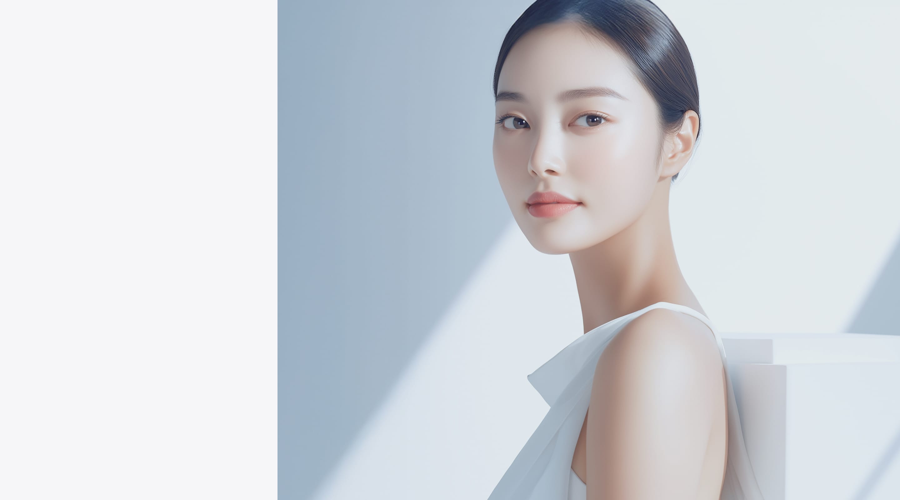 柔らかな光が顔に当たり、清潔感と透明感のある雰囲気を演出