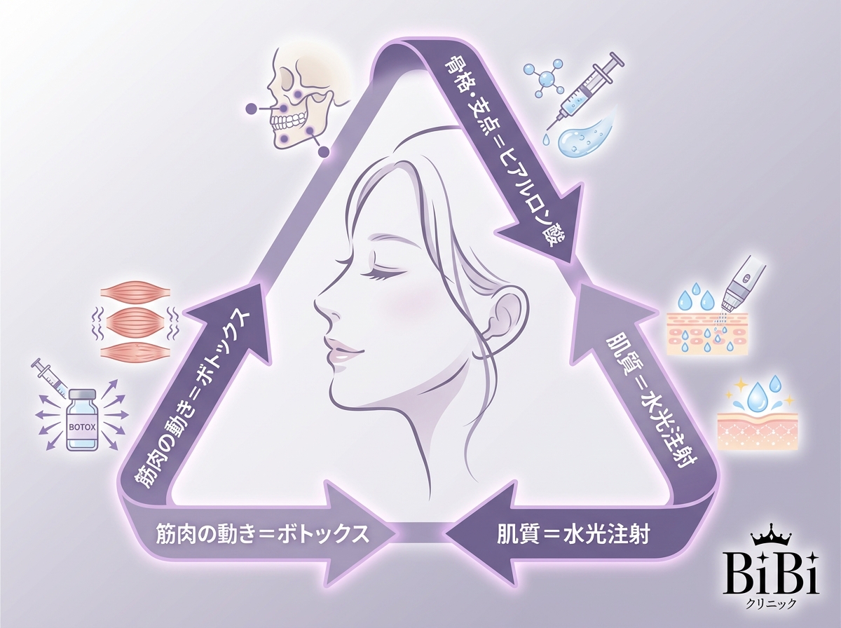 コンビネーション治療(ボトックス,ヒアルロン酸、水光注射)の三角理論図｜大阪 心斎橋BiBiクリニック