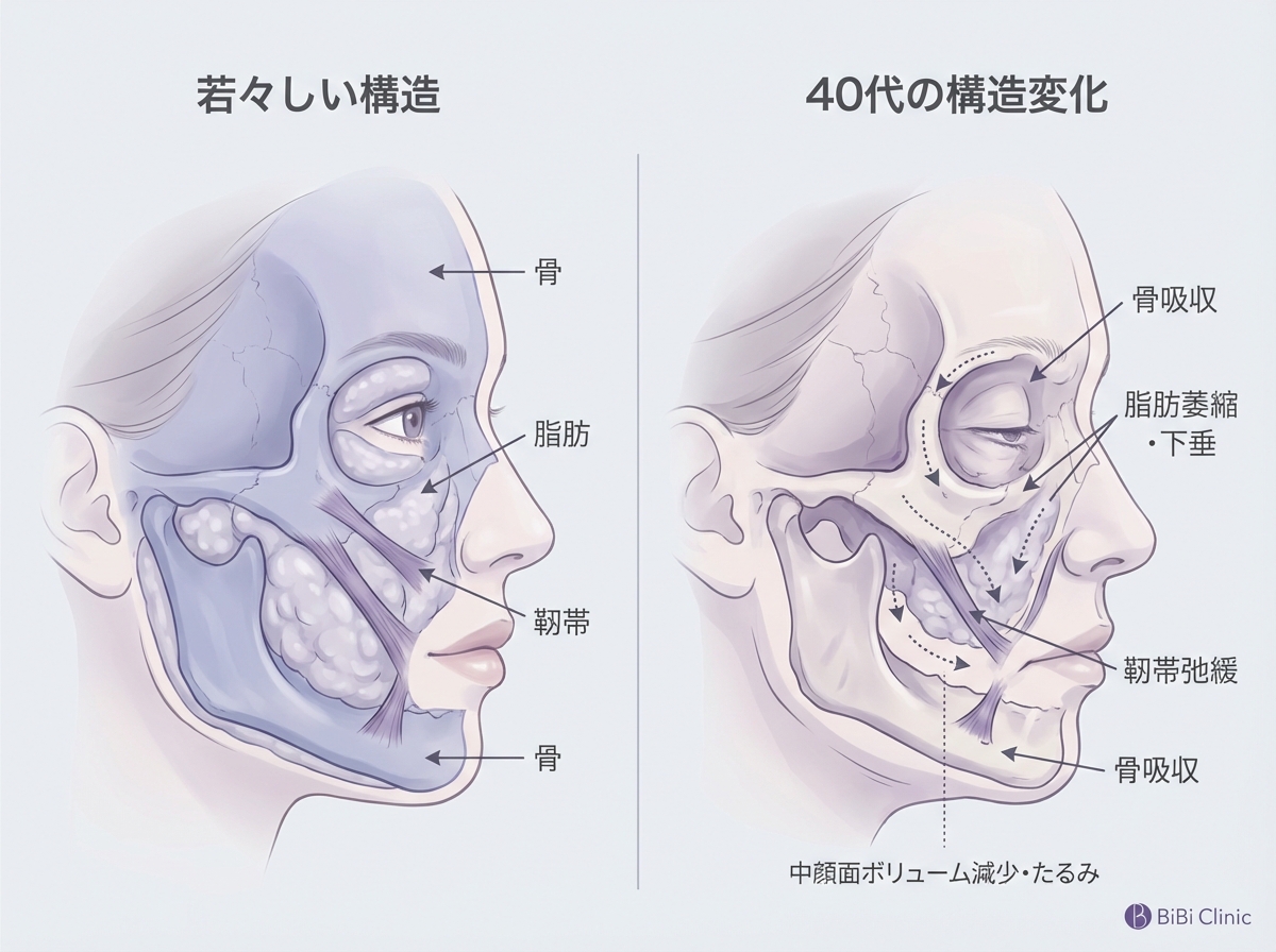40代女性の顔構造変化｜中顔面ボリュームロスとたるみの関係｜大阪・心斎橋 BiBiクリニック