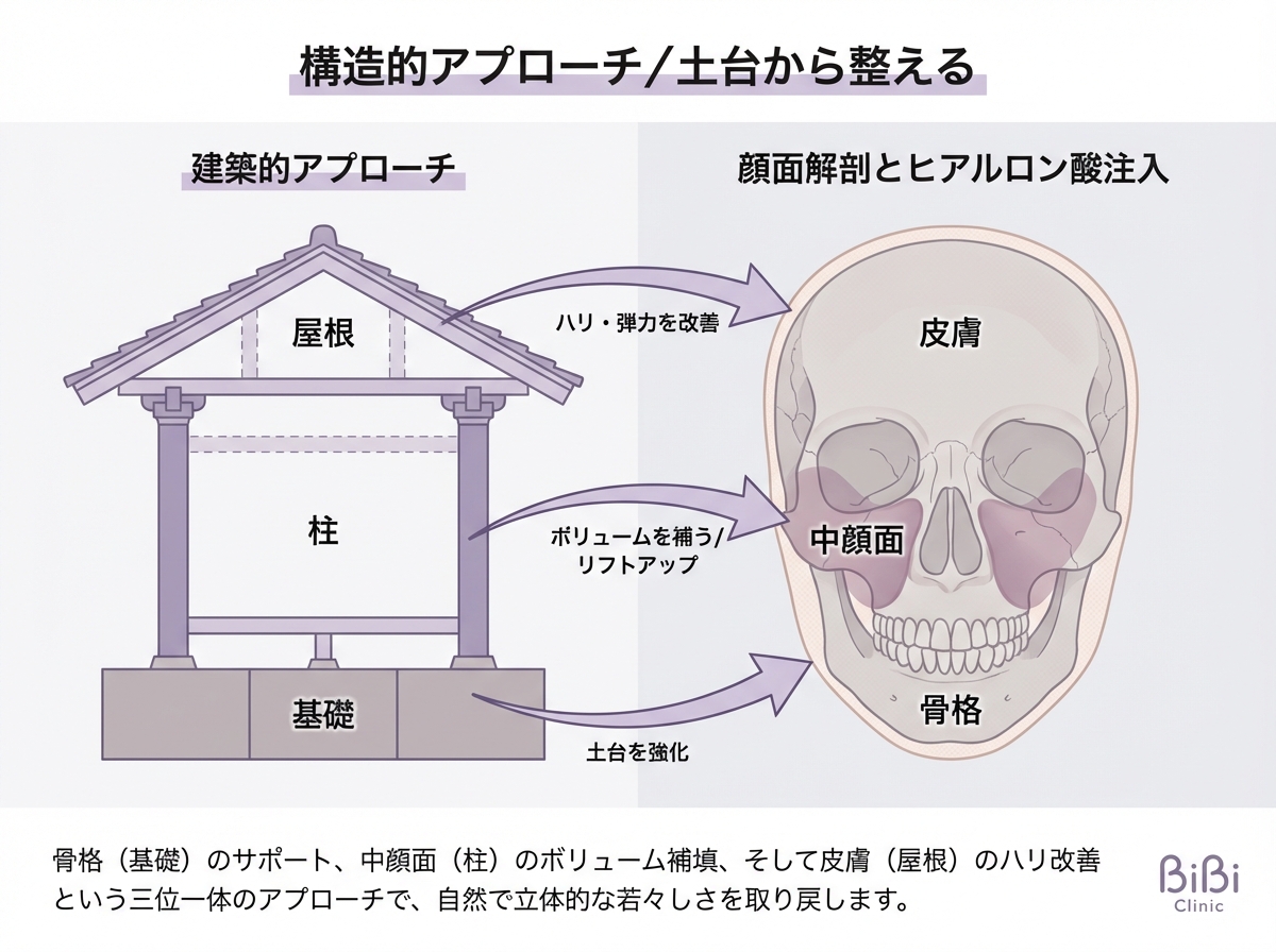 BiBi式構造リフト設計｜顔を家に例えたヒアルロン酸注入思想｜大阪・心斎橋 BiBiクリニック