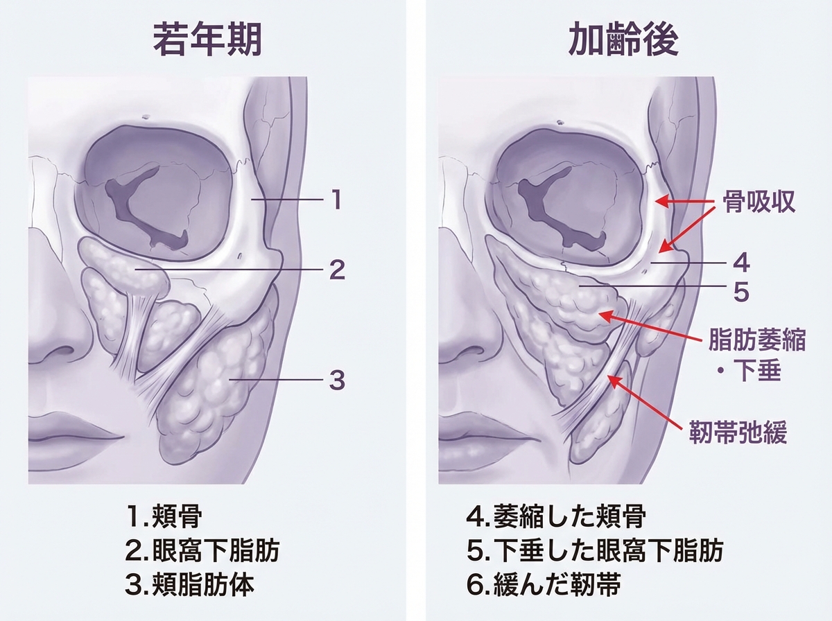 中顔面の加齢変化｜骨吸収・脂肪萎縮・靭帯弛緩の比較図｜大阪BiBiクリニック