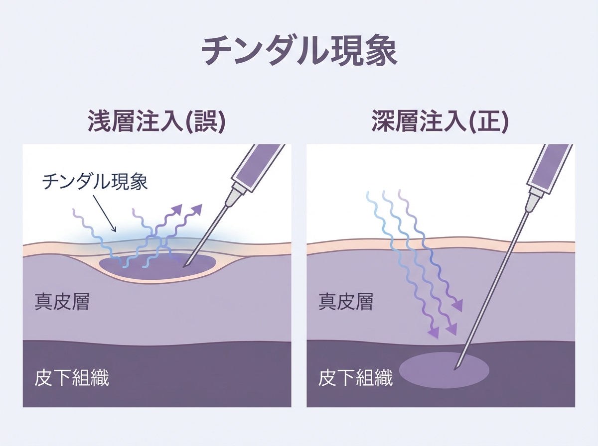チンダル現象のメカニズム｜浅層注入と深層注入の比較断面図｜大阪BiBiクリニック