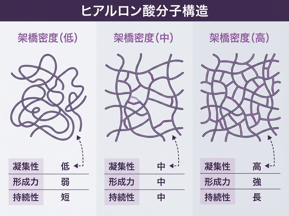 ヒアルロン酸製剤の分子構造比較｜架橋密度・凝集性・形成力・持続性｜大阪BiBiクリニック