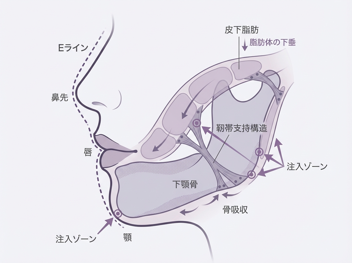 Eラインと顎・唇の位置関係を示したヒアルロン酸デザイン図｜大阪・心斎橋BiBiクリニック