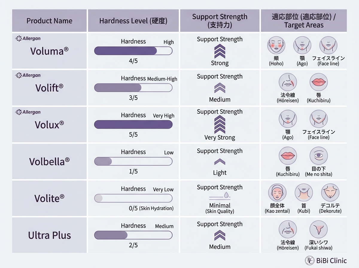 アラガン社ヒアルロン酸製剤の種類と硬さ比較図