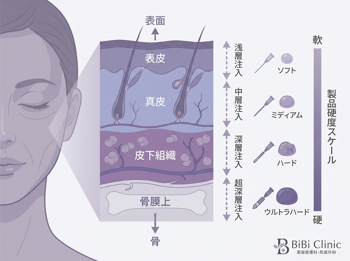 ヒアルロン酸の硬さと注入層・適応部位の関係図