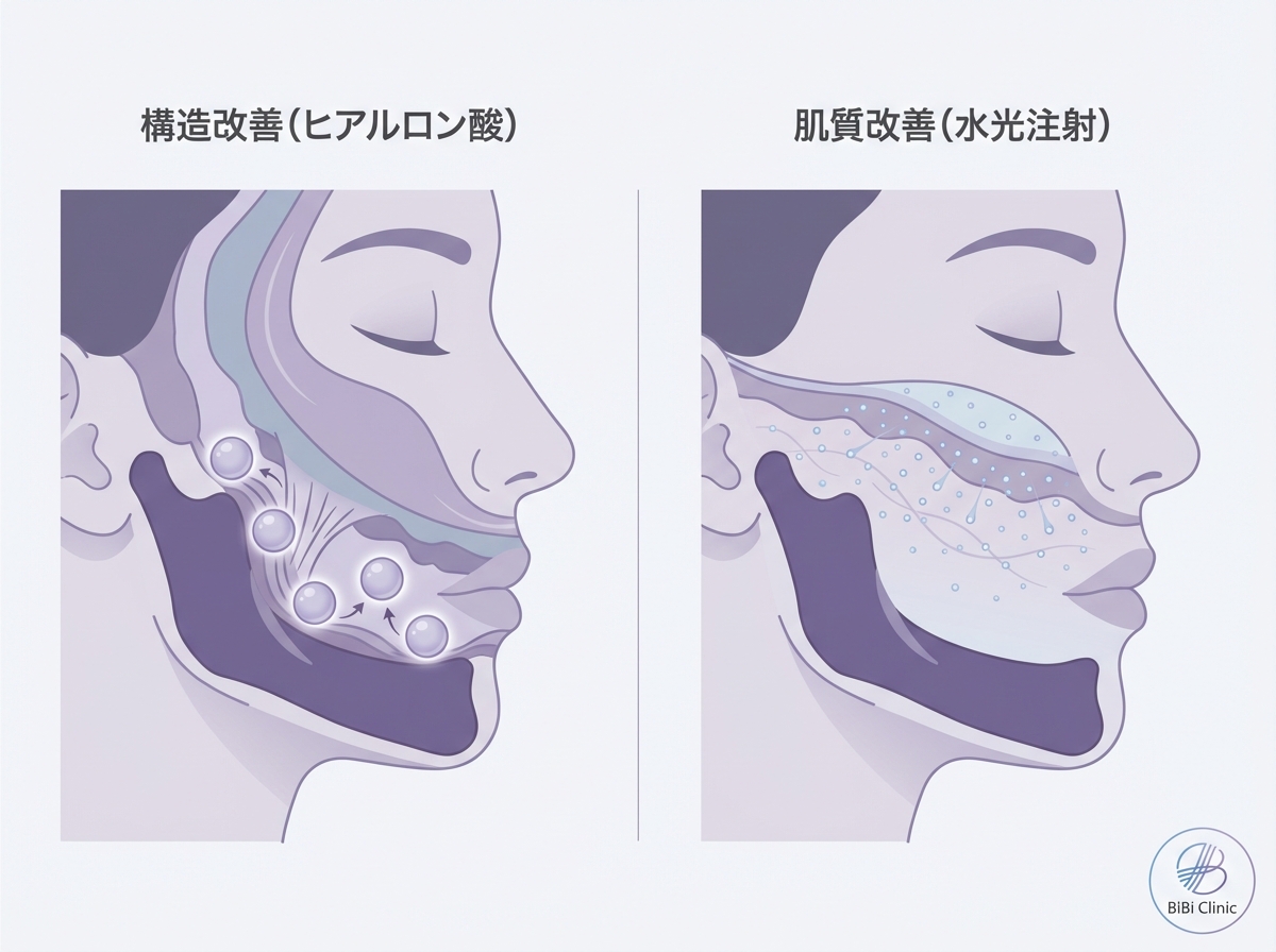 ヒアルロン酸注入と水光注射の違い｜構造改善と肌質改善の比較図｜大阪・心斎橋 BiBiクリニック