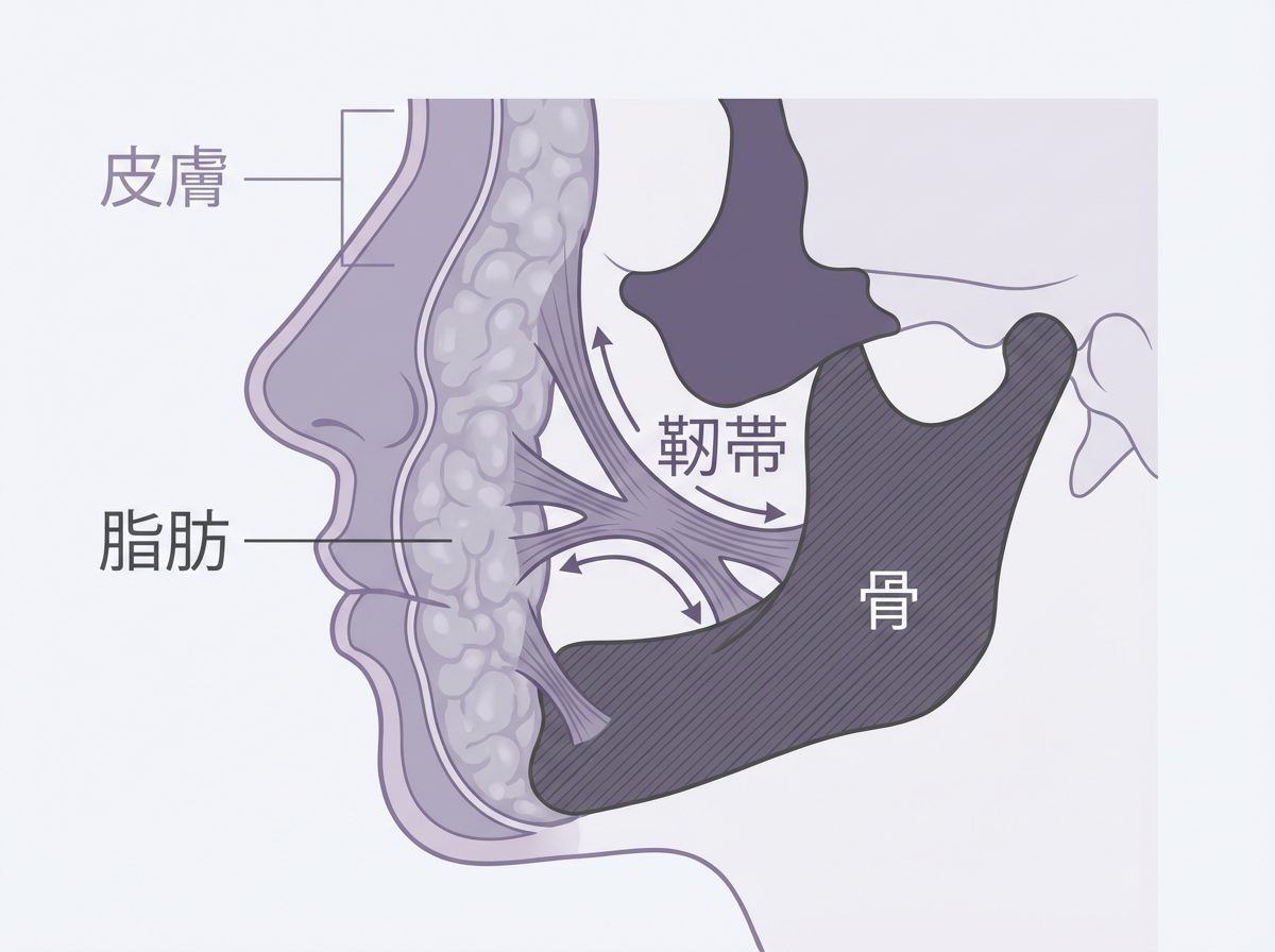 顔の構造図｜皮膚・脂肪・靭帯・骨の関係｜大阪 心斎橋BiBiクリニック