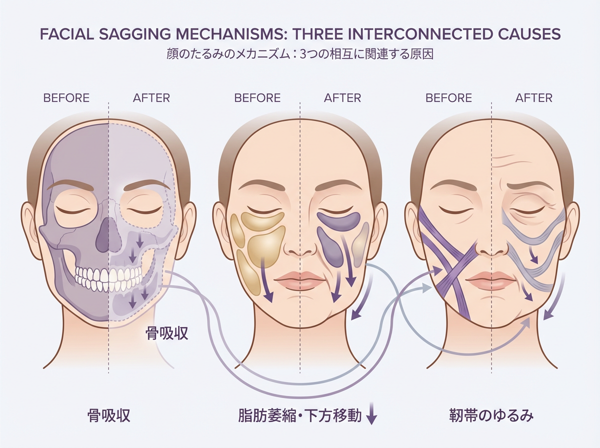 顔のたるみ原因を示す構造変化の図解｜大阪 心斎橋BiBiクリニック
