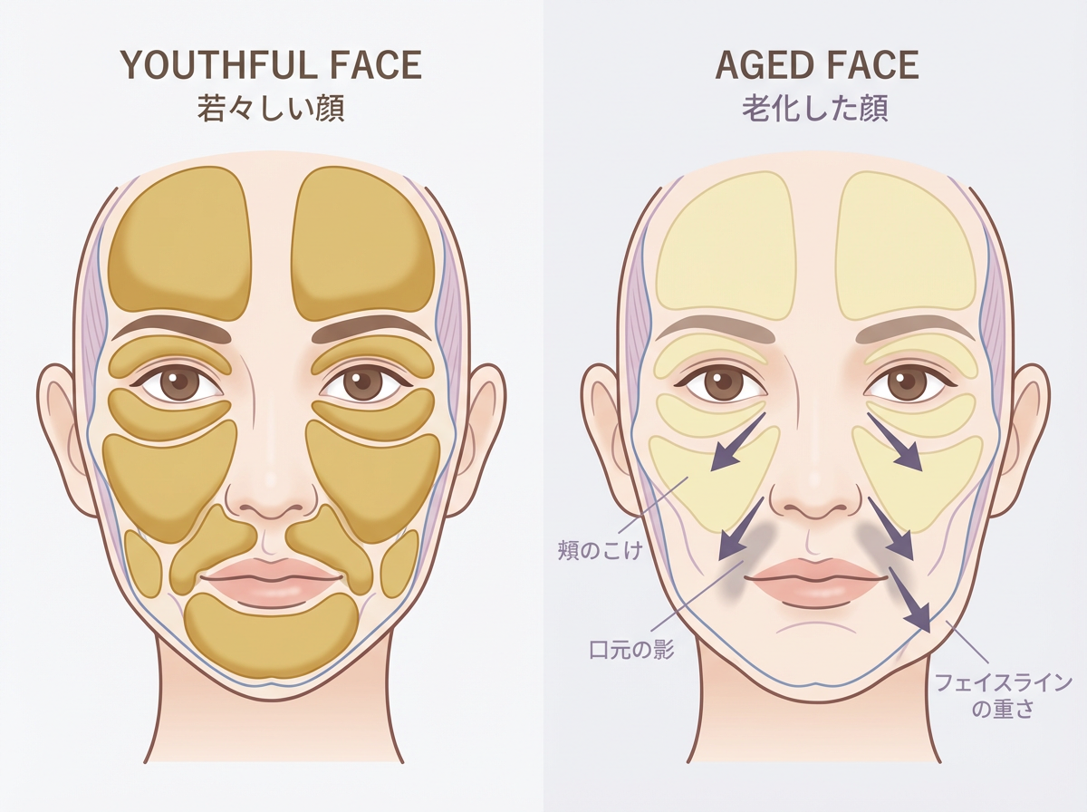 顔の脂肪萎縮と移動を示すイラスト｜大阪 心斎橋BiBiクリニック