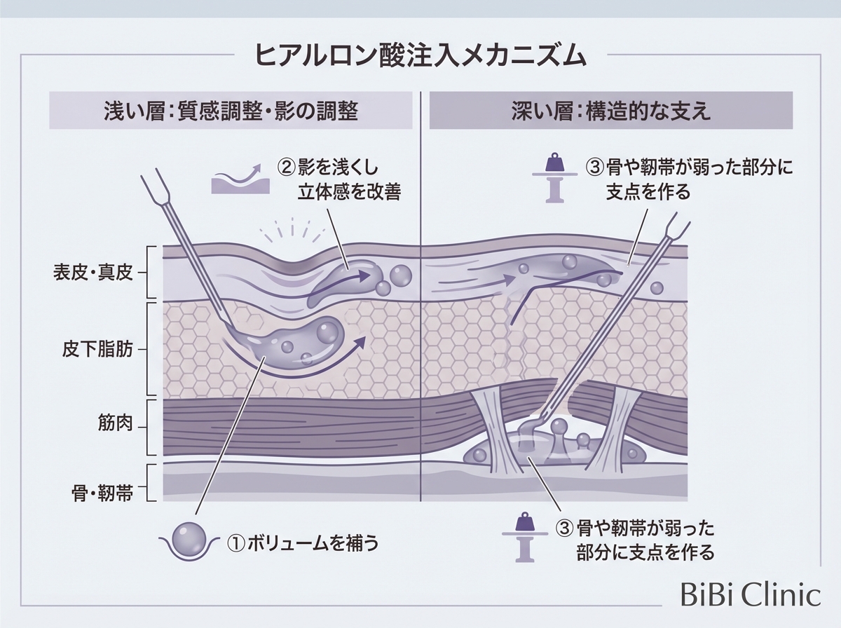 皮下層・骨膜上層の違い（断面図）｜大阪 心斎橋BiBiクリニック