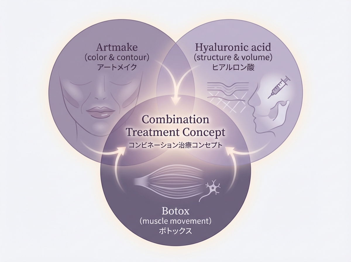 アートメイク・ヒアルロン酸・ボトックスの3要素を示すコンビネーション治療概念図｜大阪 心斎橋BiBiクリニック